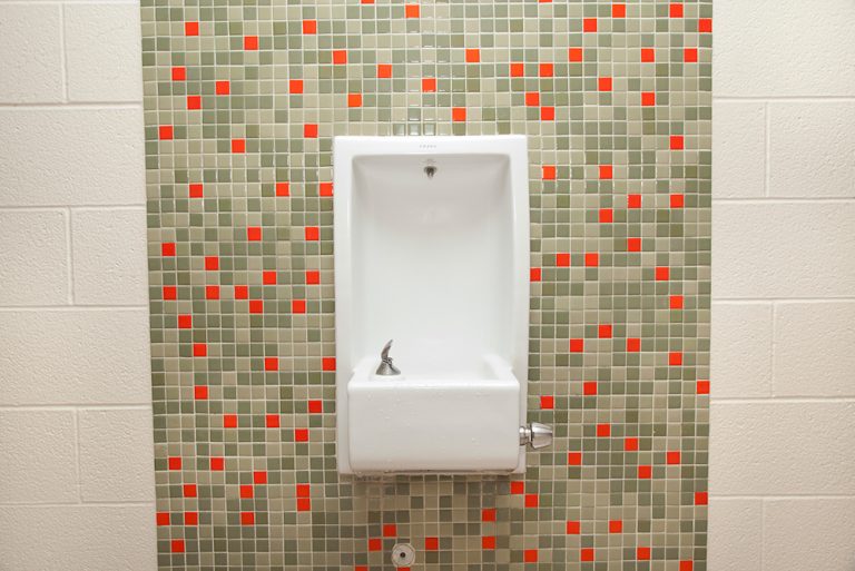 water fountain in school hallway