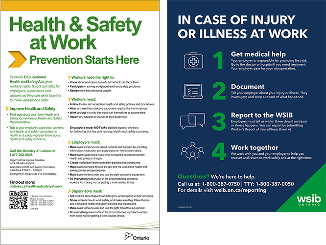 images of required posters, MOL Prevention Starts Here and WSIB In Case of Injury or Illness at Work