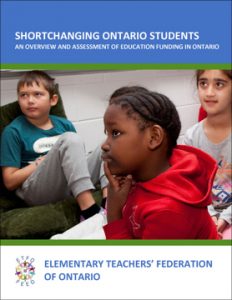 cover of ETFO report Shortchanging Ontario Students, with image of students