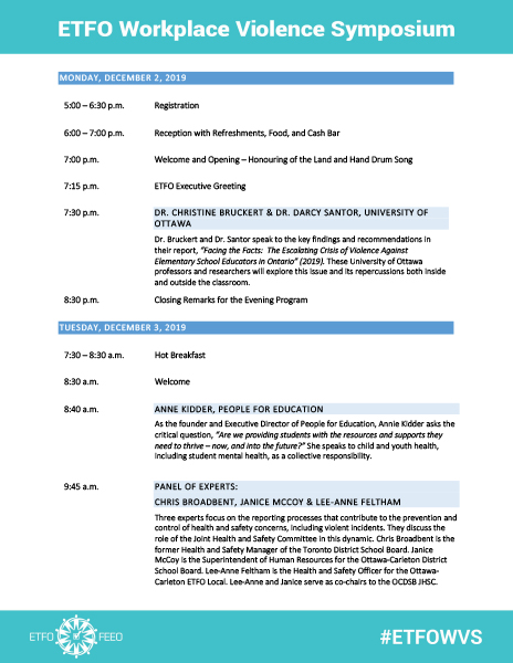 screenshot of formated agenda for ETFO Violence symposium 2019