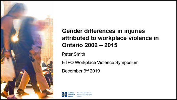 cover slide for Institute for Work and Health Presentation, Gender differences in injuries attributed to workplace violence