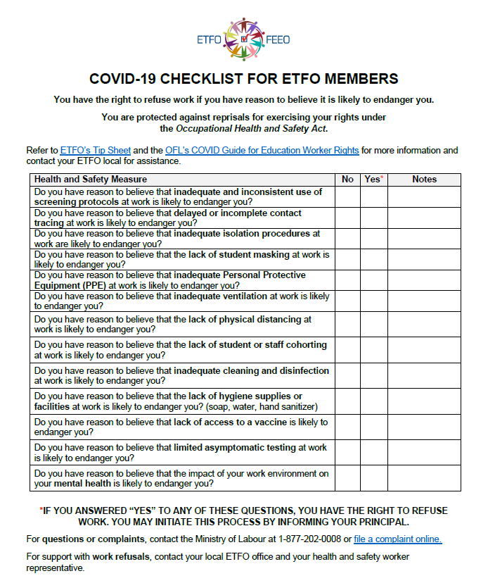 image of the ETFO COVID work refusal checklist