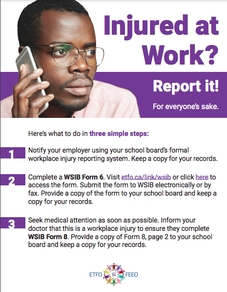 ETFO WSIB Injured at work, report it poster, man on cell phone