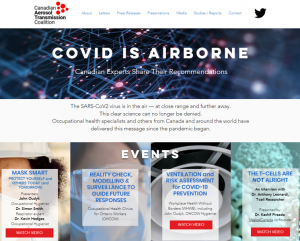 screenshot of Canadian Aerosol Transmission Coalition website with links to video events, letters, research, etc