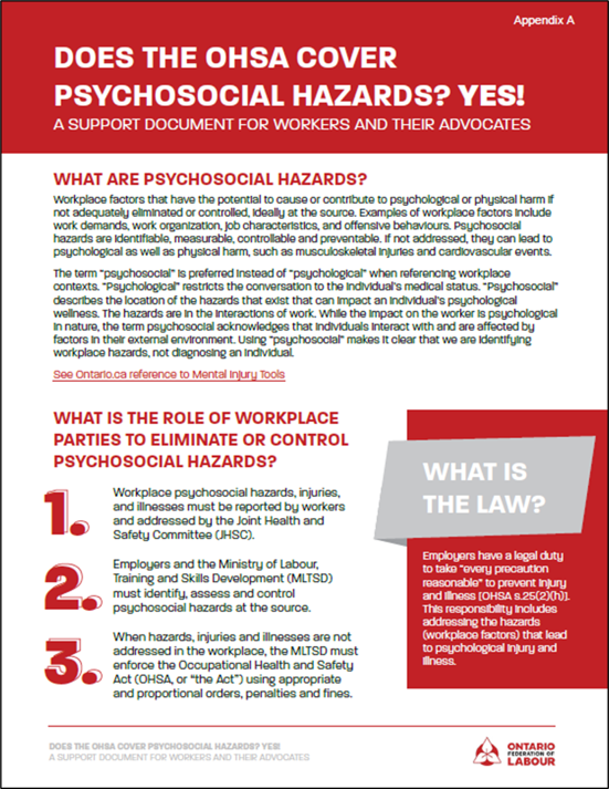 screenshot of OFL factsheet: Does OHSA cover psychosocial hazards? Yes