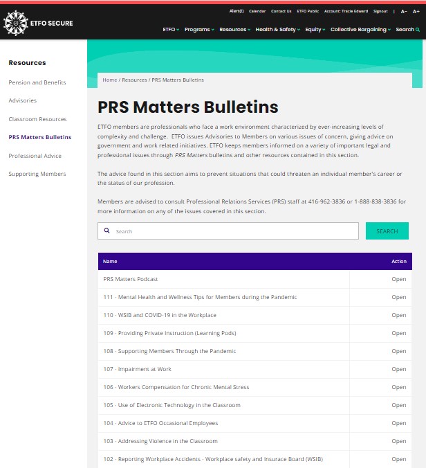 PRS website screenshot showing PRS bulletins
