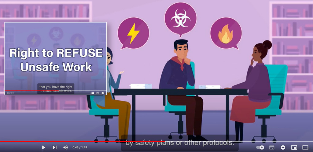 image from work refusal video of 3 workers at a table brainstorming hazards