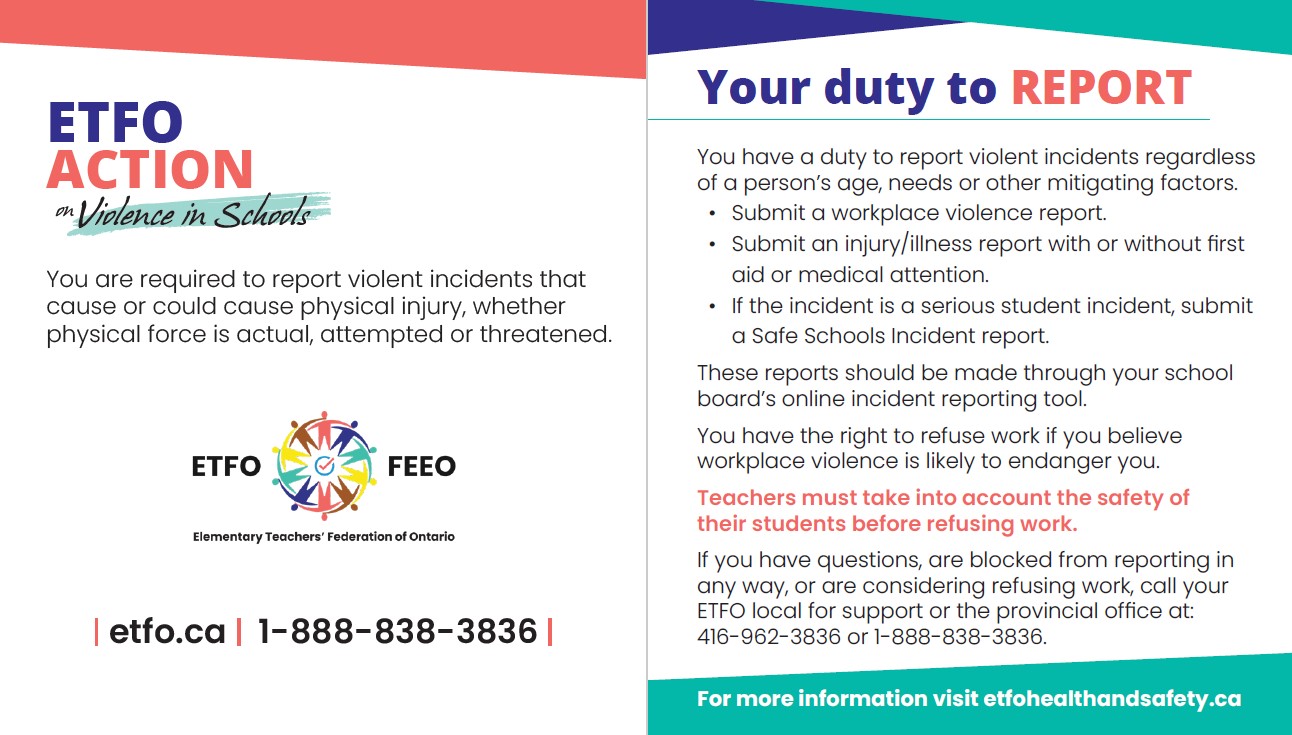 ETFO wallet card on violence reporting