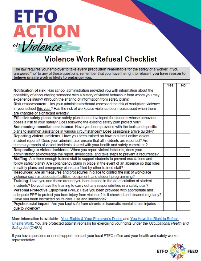 screenshot of ETFO violence work refusal checklist